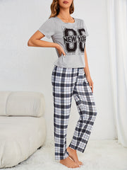 Plaid Print Pajama Set Short Sleeve Tee & Elastic Waistband Pants