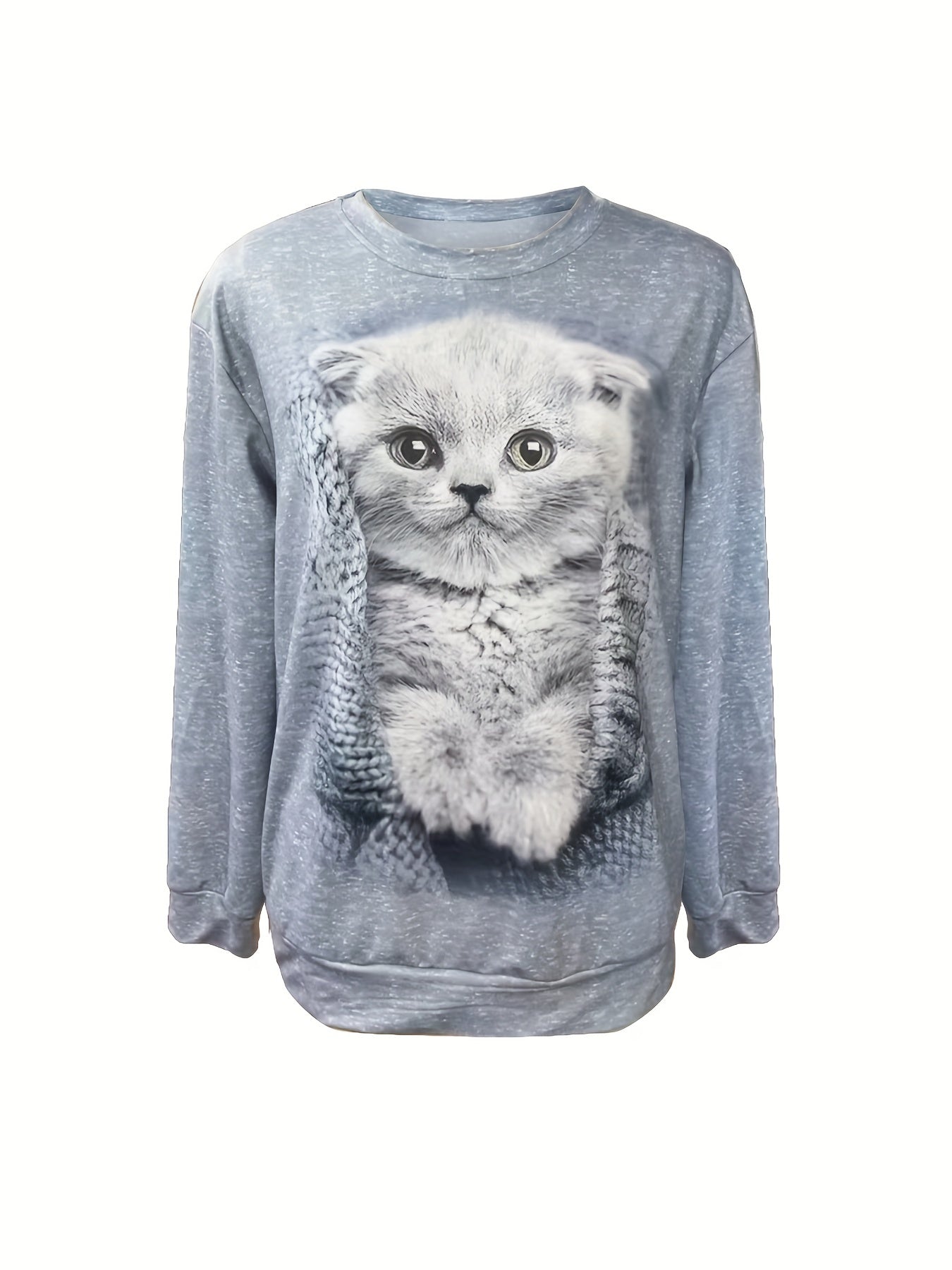 Cat Print Pullover Sweatshirt Crew Neck Fall Winter Women's Clothing