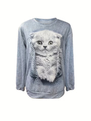 Cat Print Pullover Sweatshirt Crew Neck Fall Winter Women's Clothing