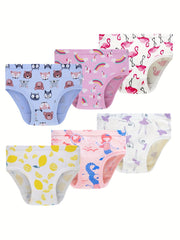 6pcs Girls Triangle Panties Cartoon Fruits Animals Print Elastic Waist Underwear