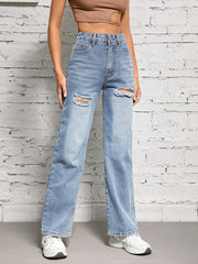 Distressed Loose Fit High Waist Denim Trousers Women's Jeans