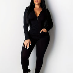 Solid Zip Up Long Sleeve Top And Pants Set