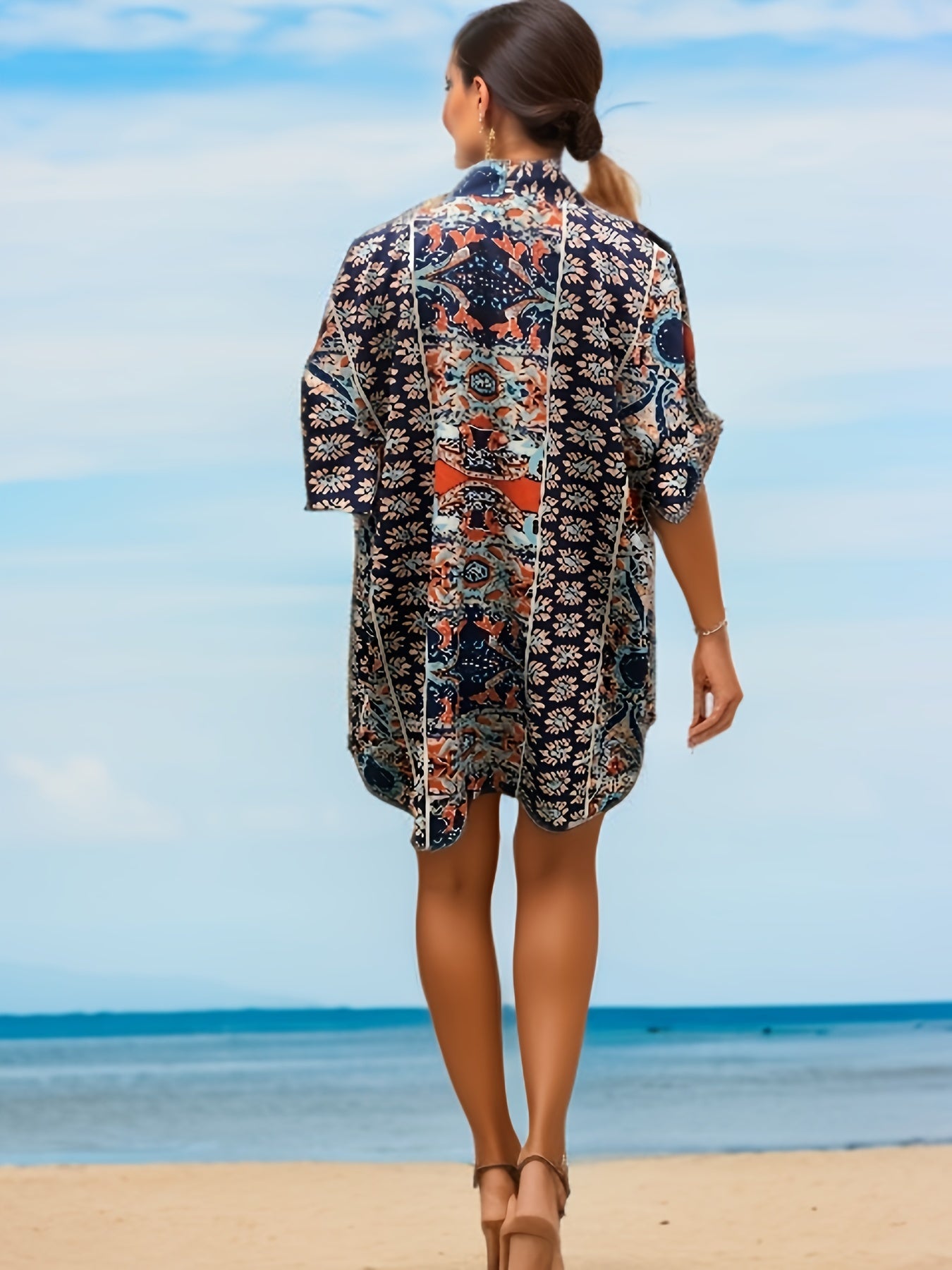 Ethnic Print Two-Piece Set Open Front Top & Drawstring Shorts