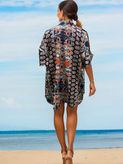 Ethnic Print Two-Piece Set Open Front Top & Drawstring Shorts