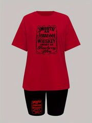 Casual Letter Print 2 Pc Set Crew Neck Tee & Shorts Outfit Women's Clothing