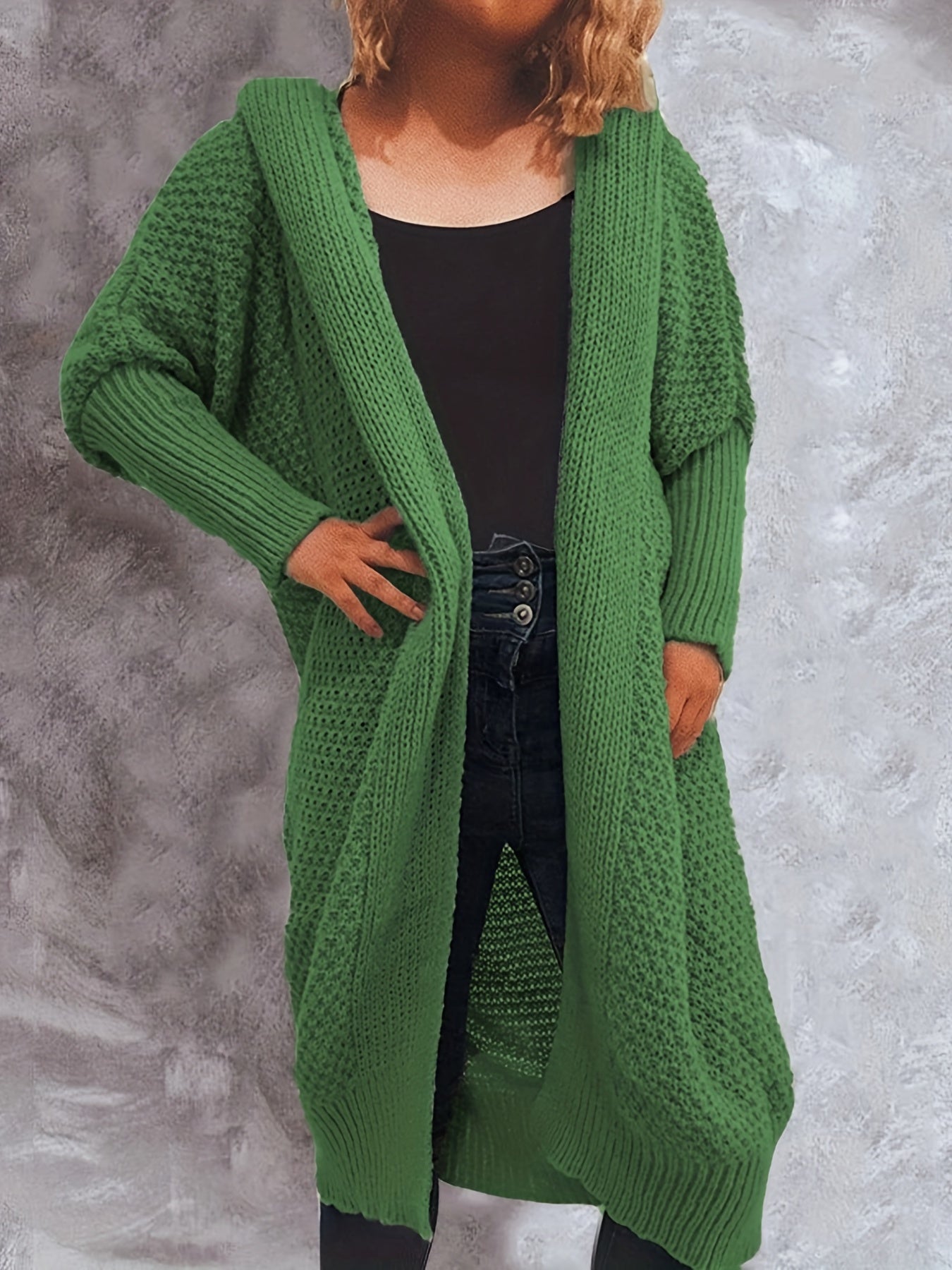Solid Bat Sleeve Long Knit Hoodie Cardigan
