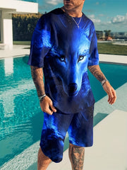 3D Wolf Pattern Print Men's 2Pcs Outfits Short Sleeve T shirt And Draw