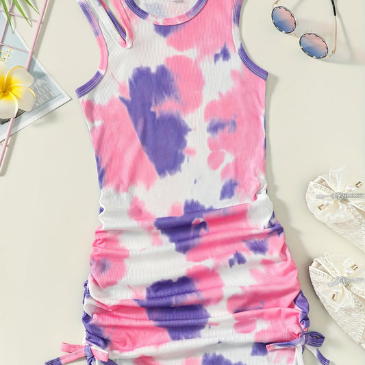 Girls Tie Dye Sleeveless Dress Round Neck Off Shoulder Bag Hip Dress