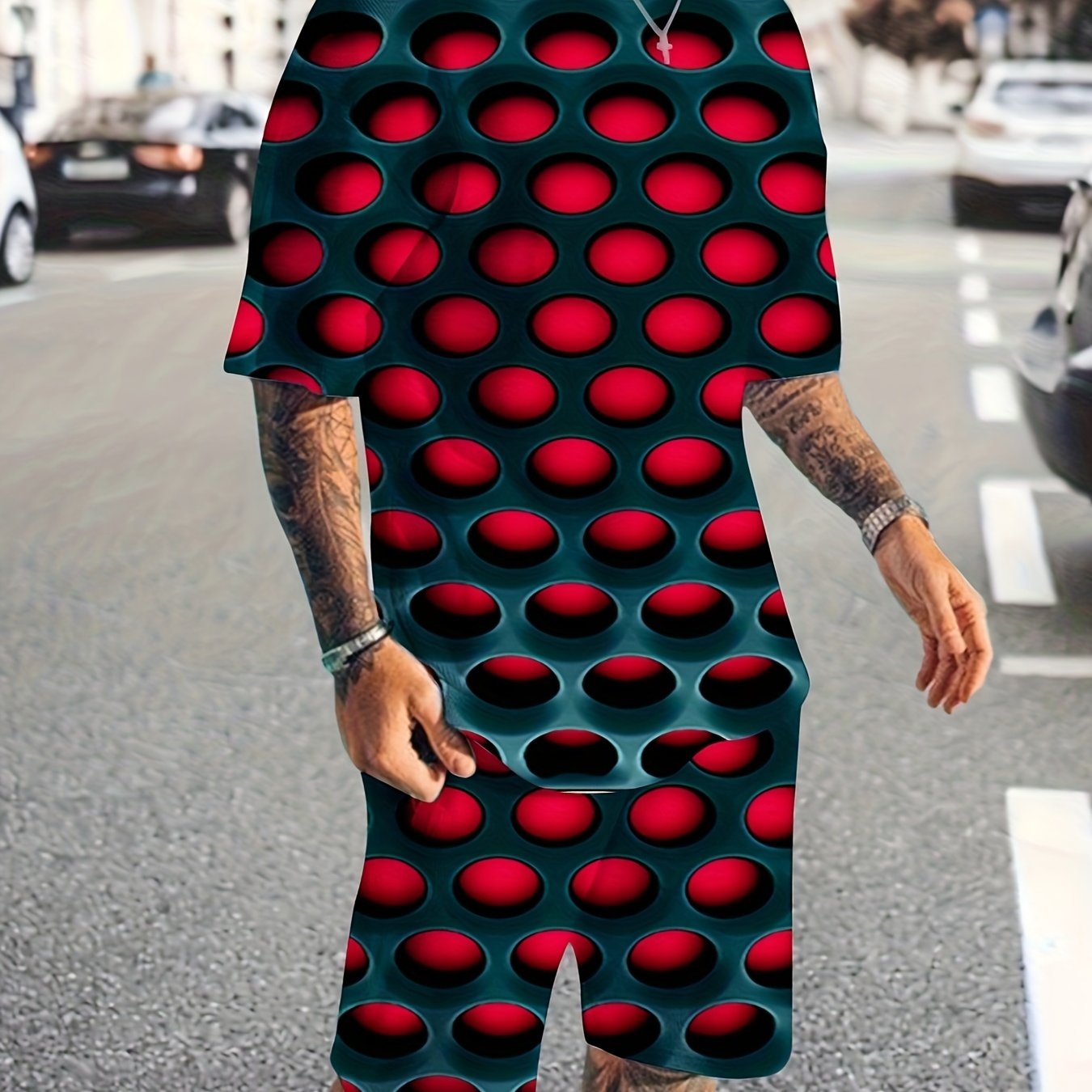 Men's All Over Hole 3D Pattern 2 Piece Outfit Set