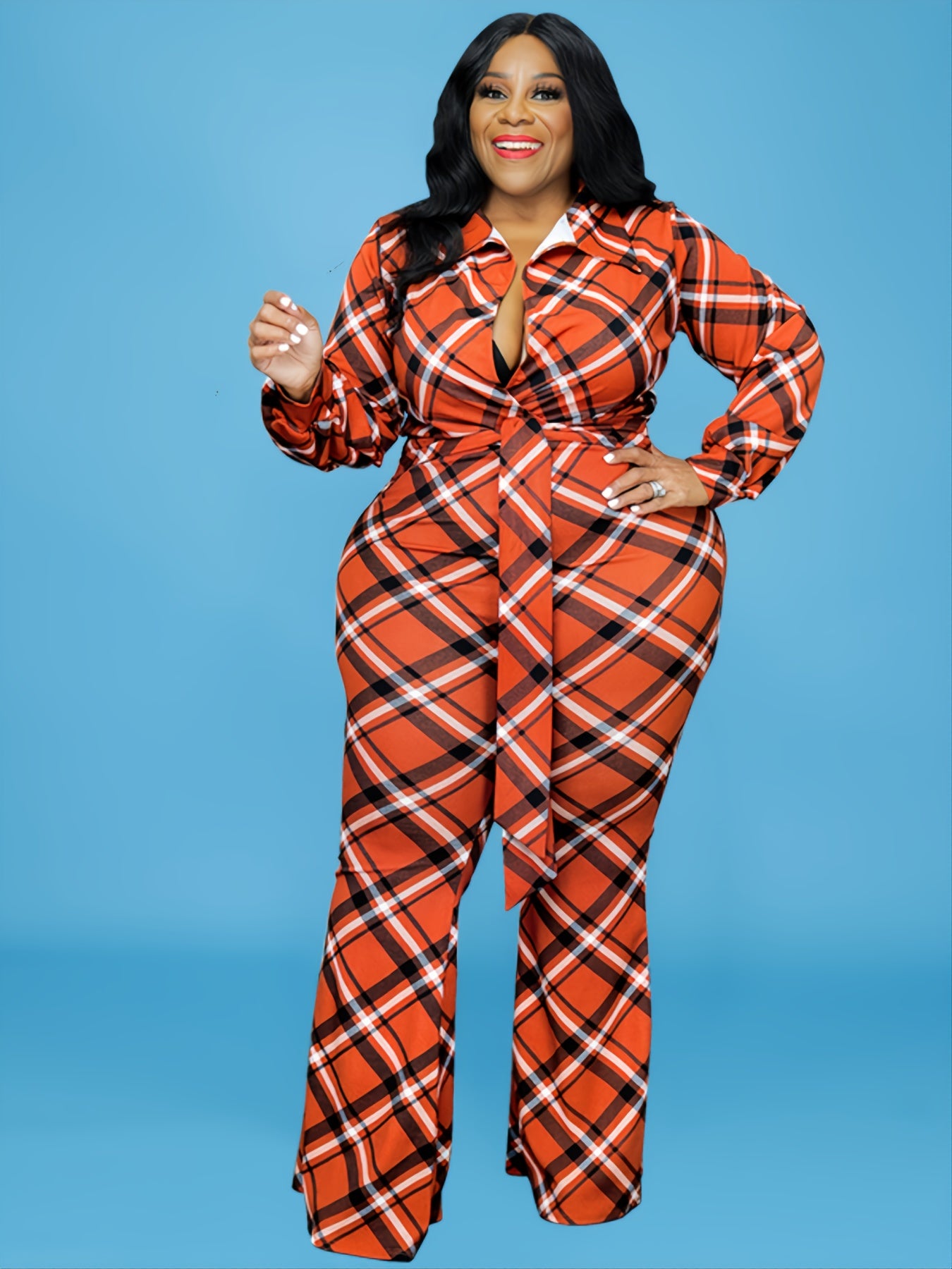 Plaid Print Long Sleeve Jumpsuit with Belt