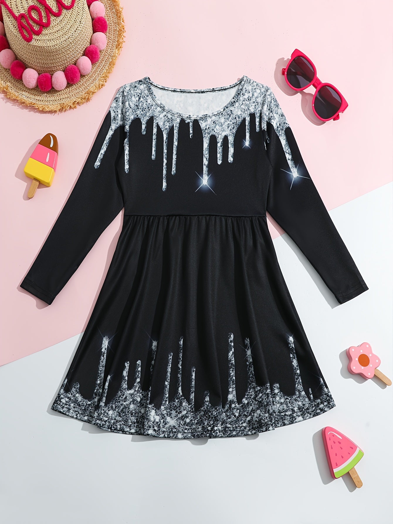 Girls Splicing Long Sleeve Dress Comfy Spring Fall Gift