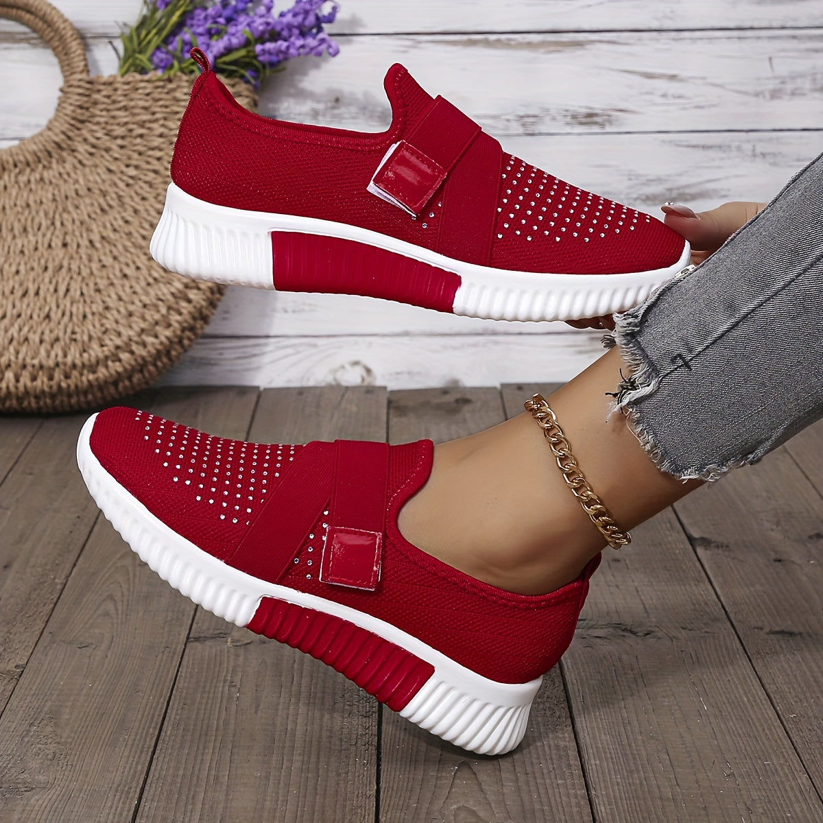 Women's Rhinestone Decor Sneakers Hook & Loop Outdoor Shoes