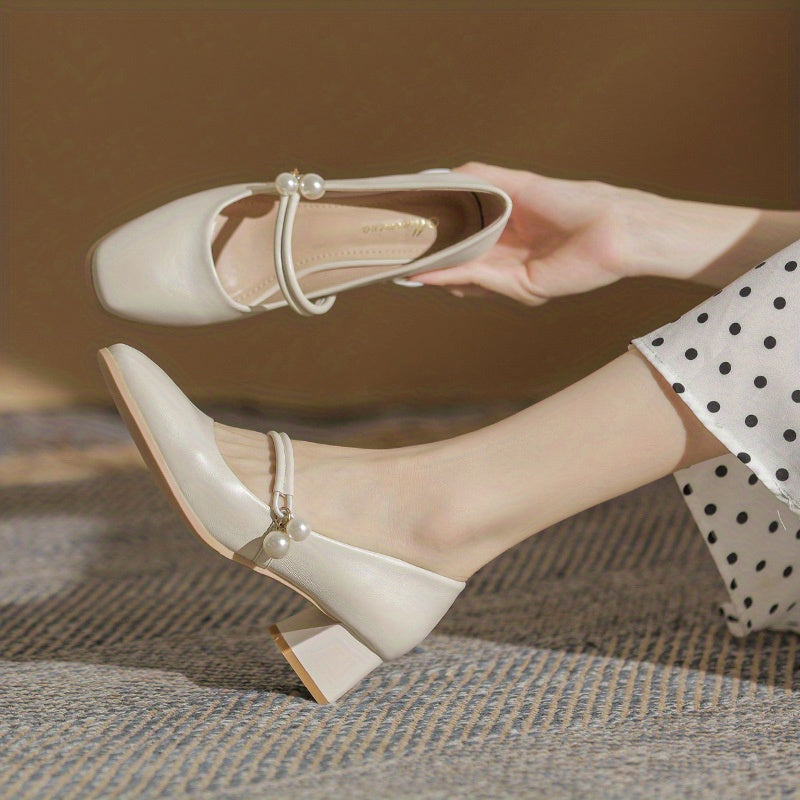 Women's Mid Heeled Mary Jane Faux Pearl Strap Dress Shoes