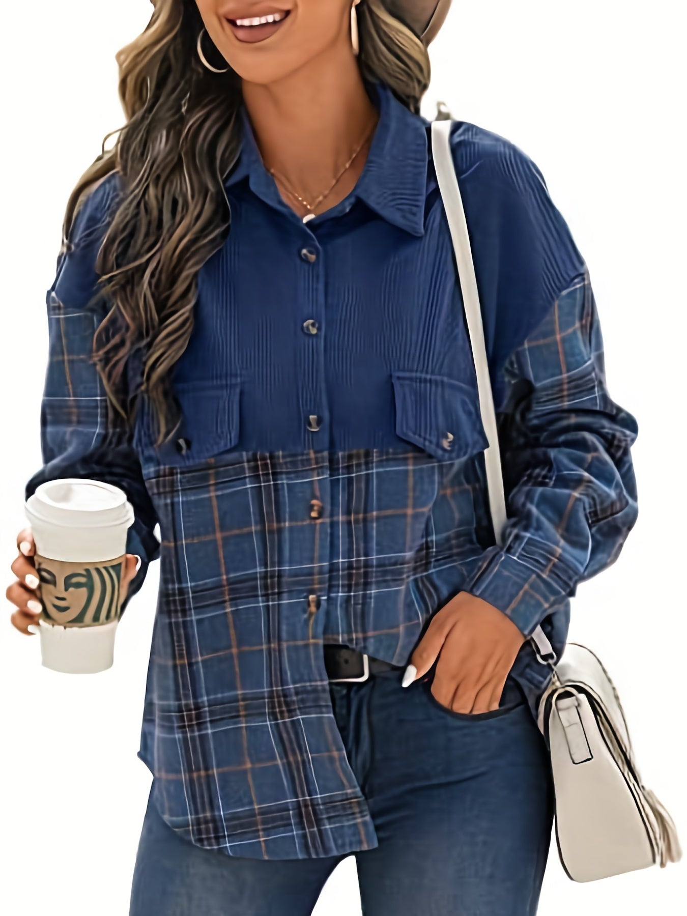 Plaid Print Splicing Jacket Long Sleeve Button Front Outerwear