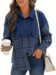 Plaid Print Splicing Jacket Long Sleeve Button Front Outerwear
