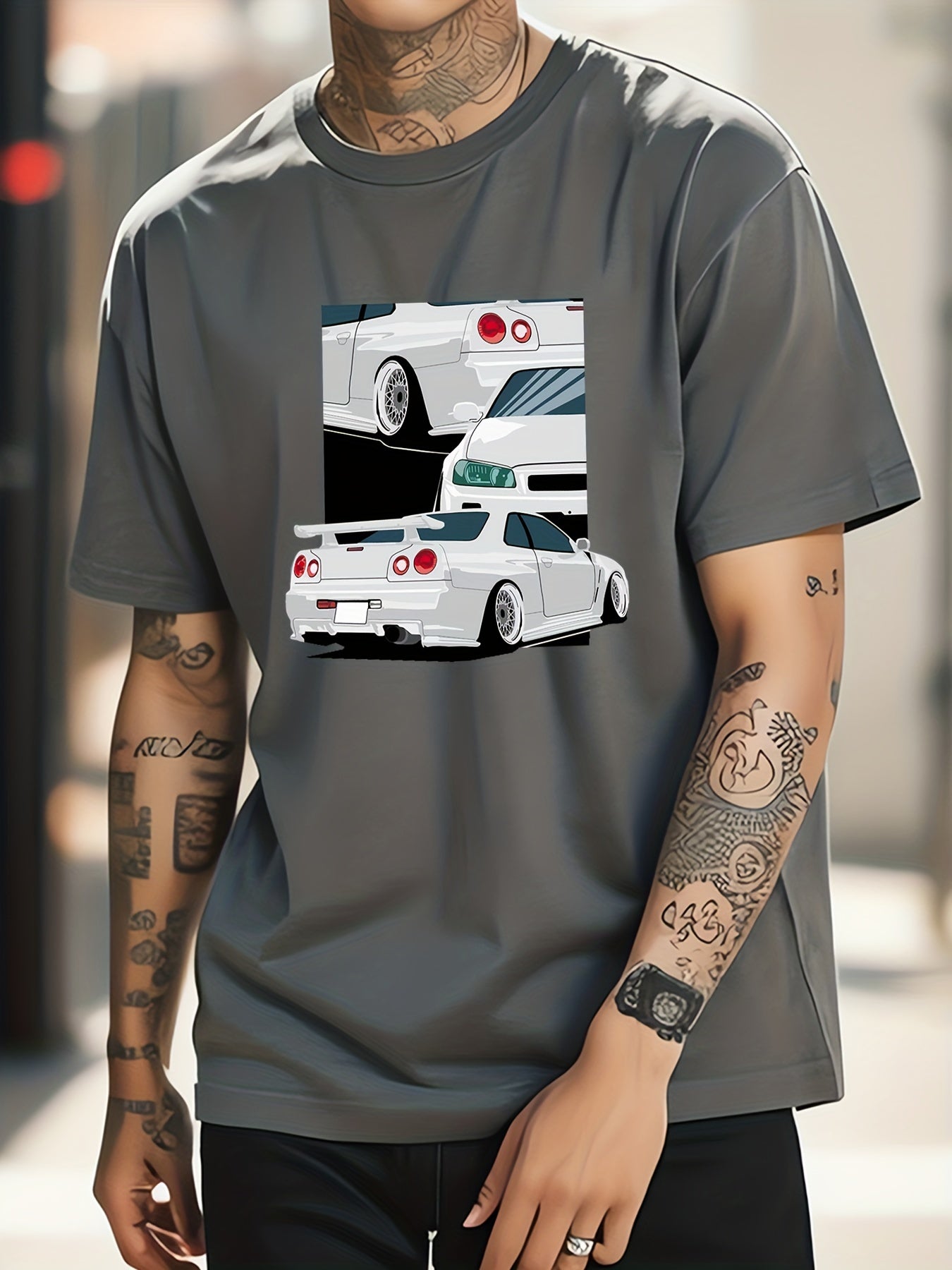 Cotton Car Painting Print Men's Graphic Crew Neck T shirt