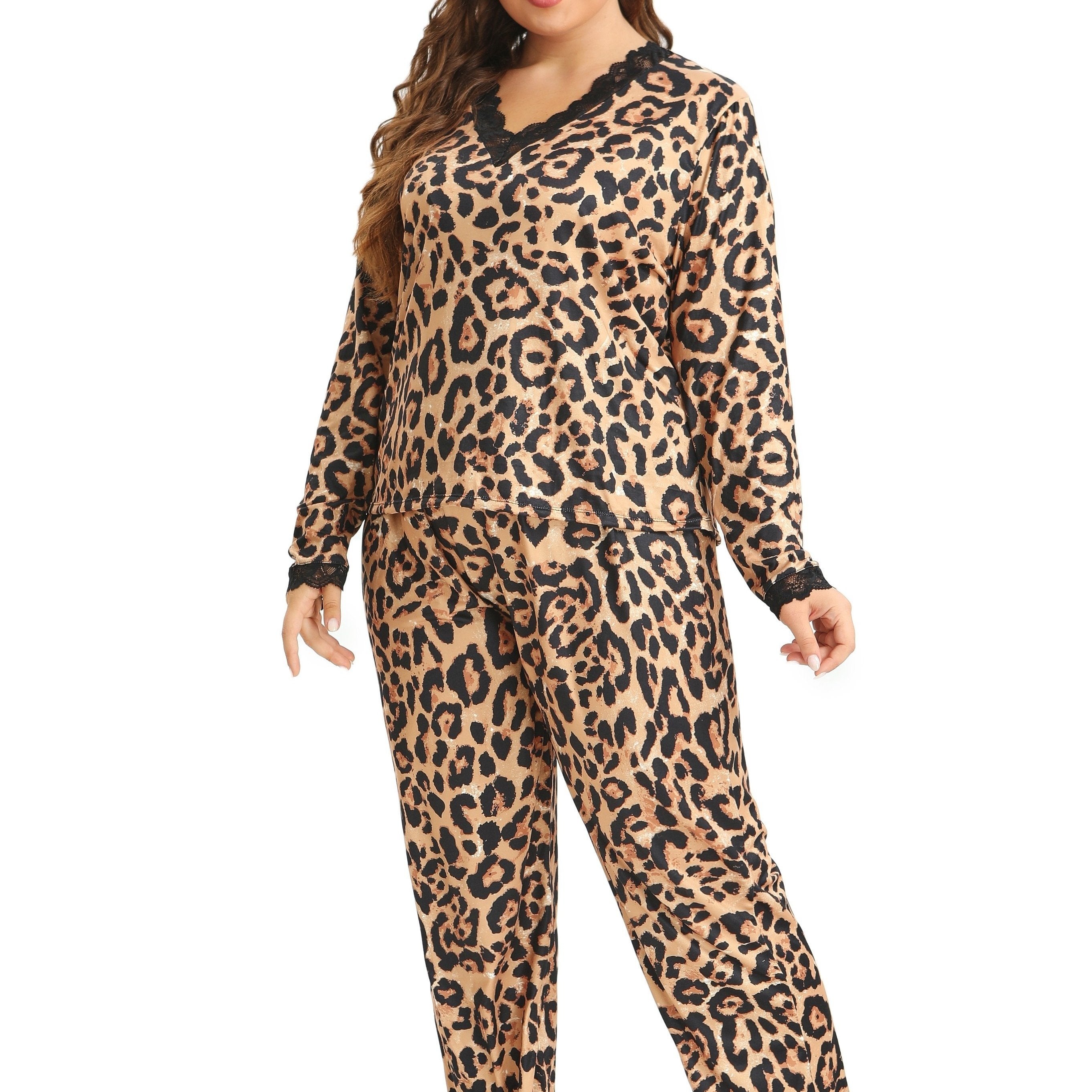 Sexy Pajama Set Leopard Print Lace Trim Top & Pants Two Piece