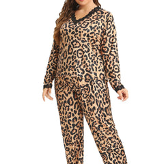 Sexy Pajama Set Leopard Print Lace Trim Top & Pants Two Piece