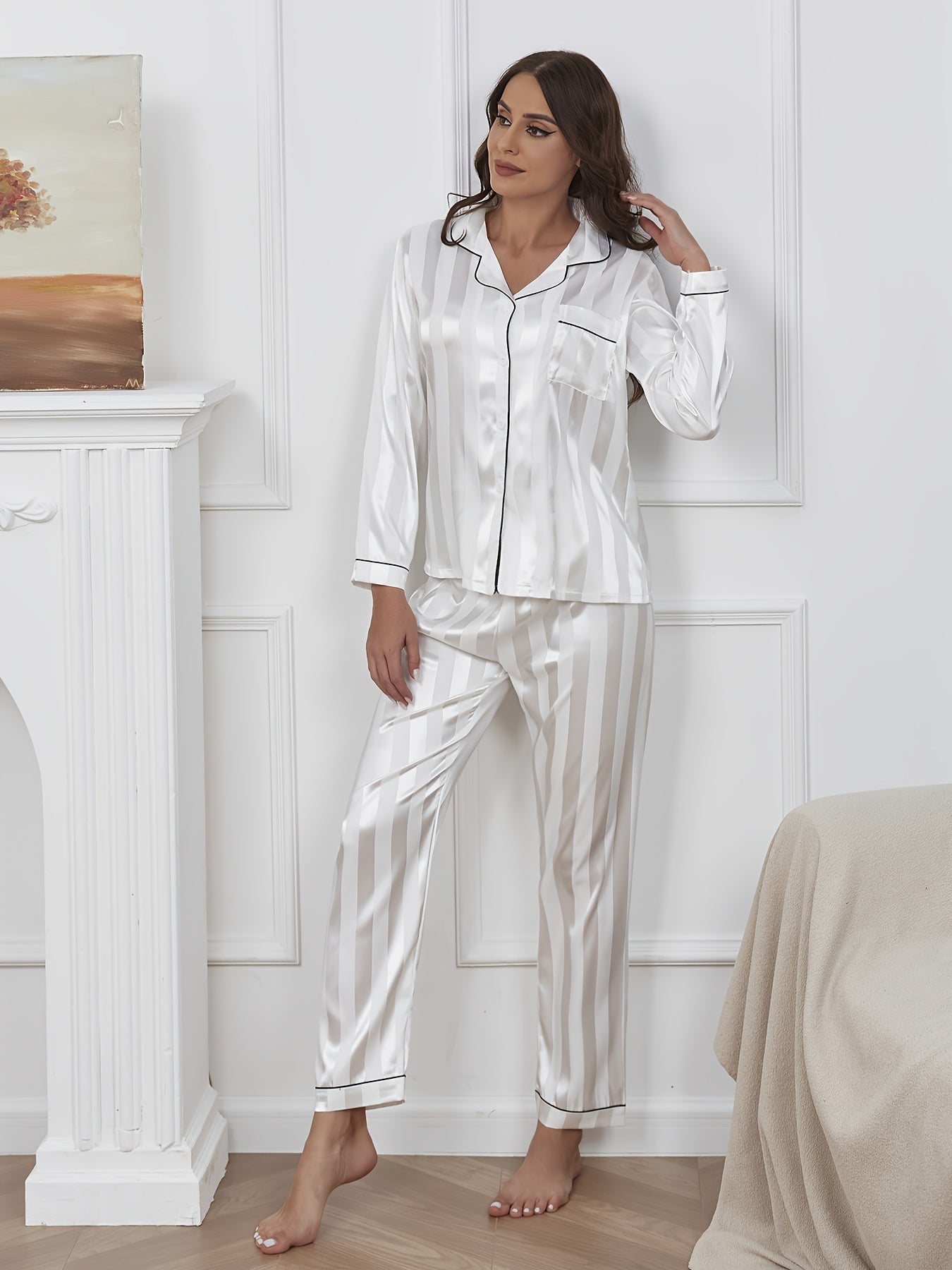 Striped Satin Pajama Set Long Sleeve Buttons Top & Pants