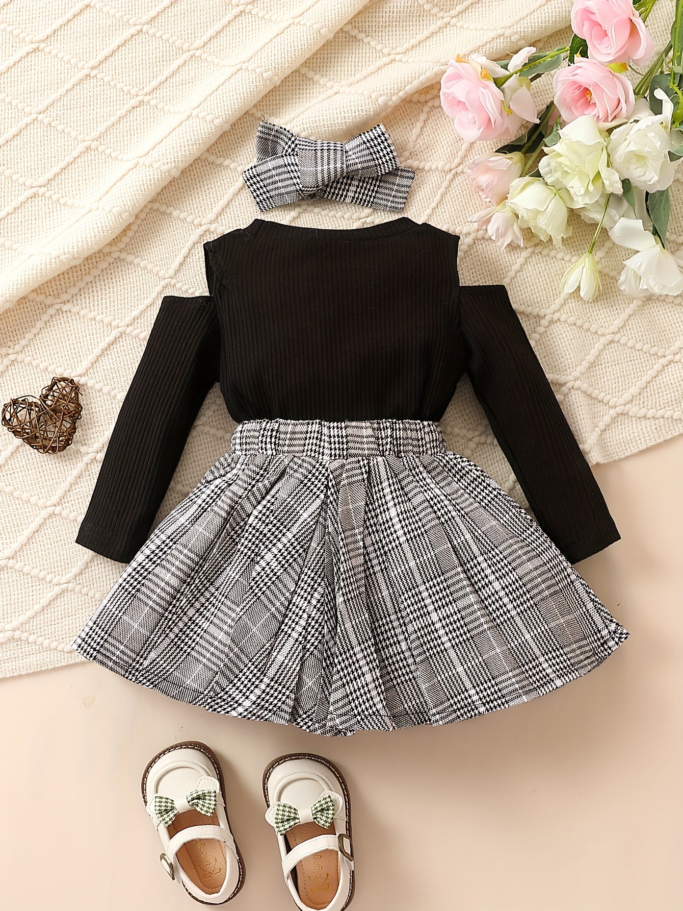 Baby Girls Preppy Style Outfit Long Sleeve Top Plaid Bow Skirt Set