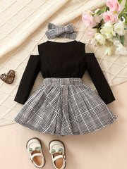 Baby Girls Preppy Style Outfit Long Sleeve Top Plaid Bow Skirt Set