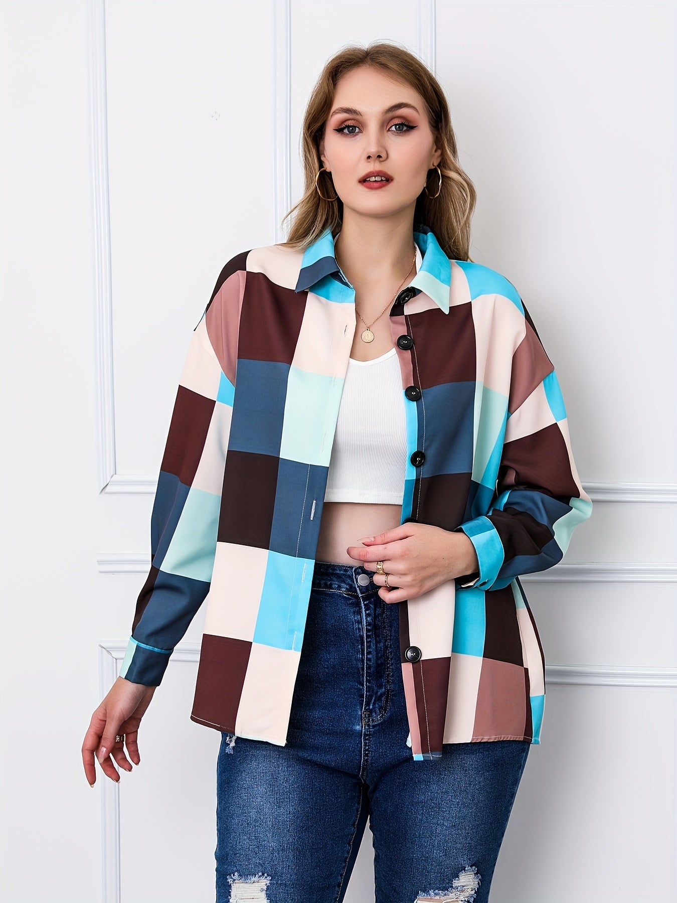 Colorblock Grid Print Long Sleeve Blouse