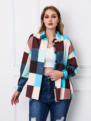 Colorblock Grid Print Long Sleeve Blouse
