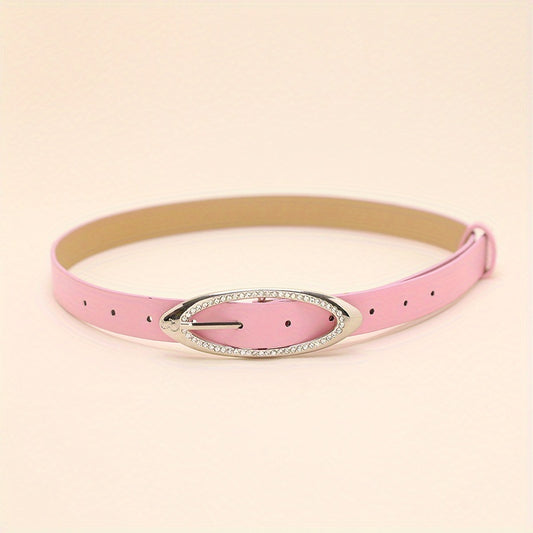 Pink Y2K Thin Belt Rhinestone Oval Pin Buckle PU Leather Waistband