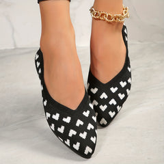 Women's Heart Pattern Flats Pointed Toe Knitted Slip On Shoes
