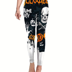 Women's Plus Halloween Skull & Pumpkin Print High Rise Skinny Pants