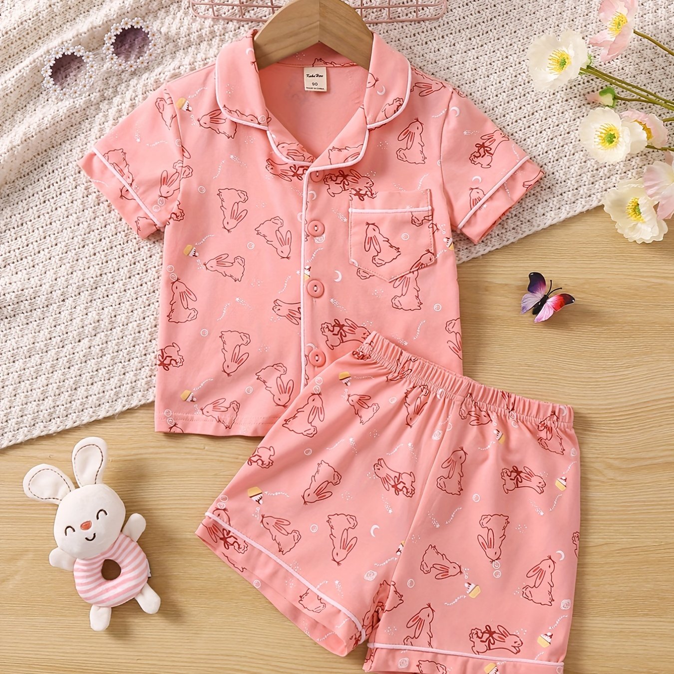 Toddler Girls Easter Rabbit Pajama Set V Neck Button Top & Shorts Sleepwear