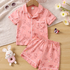 Toddler Girls Easter Rabbit Pajama Set V Neck Button Top & Shorts Sleepwear