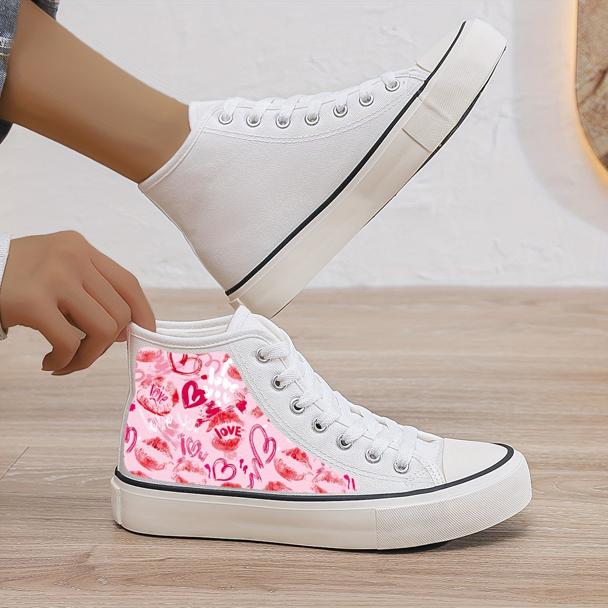 Love & Heart Print Plush Lined Chunky Canvas Sneakers