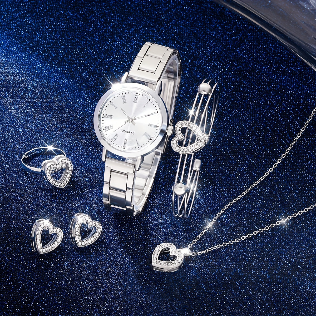 6pcs Roman Silver Steel Band Quartz Watch Rhinestone Men's Set