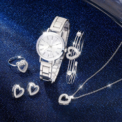 6pcs Roman Silver Steel Band Quartz Watch Rhinestone Men's Set
