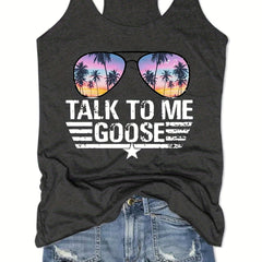 Hip Hop Tank Top Sunglasses & Letter Print Racer Back Summer Comfort Top