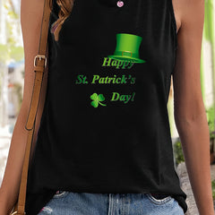 Hat & Letter Print Sleeveless Sports Vest Round Neck Stretchy Casual Top
