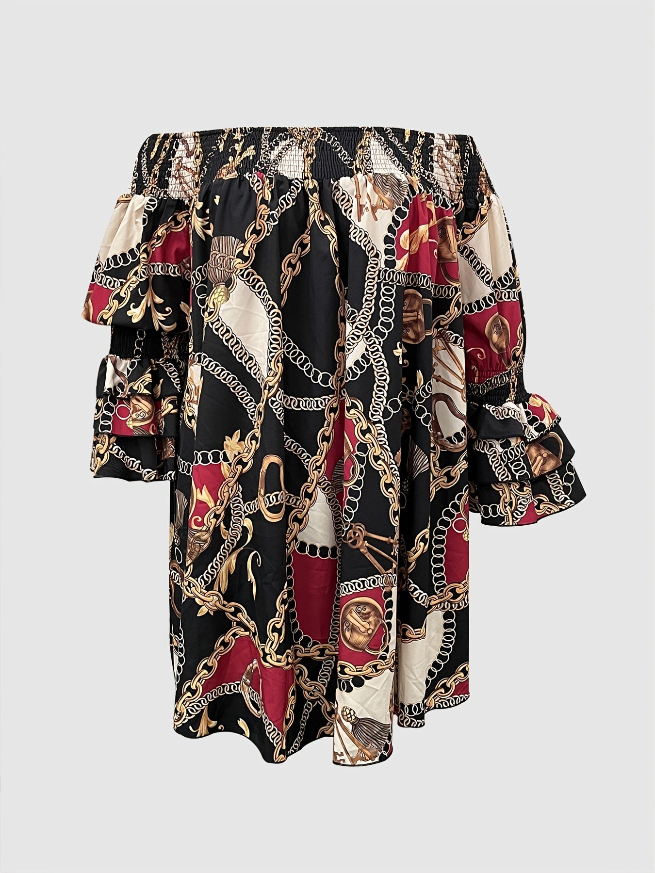 Graphic Off Shoulder Ruffle Sleeve Mini Dress