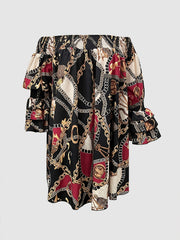 Graphic Off Shoulder Ruffle Sleeve Mini Dress