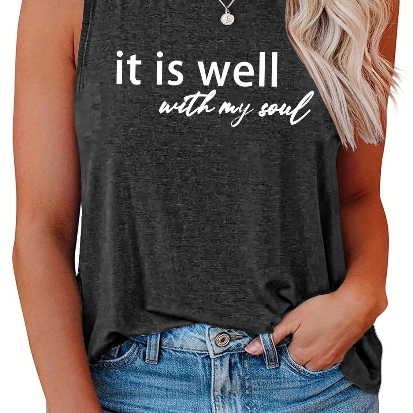 Women's Slogan Print Tank Top Round Neck Casual Sleeveless Shirt