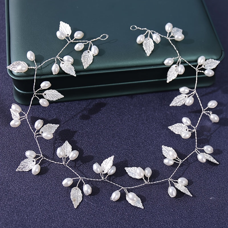 Faux Pearl Hairband Golden Leaf Headband Wedding Hair Jewelry