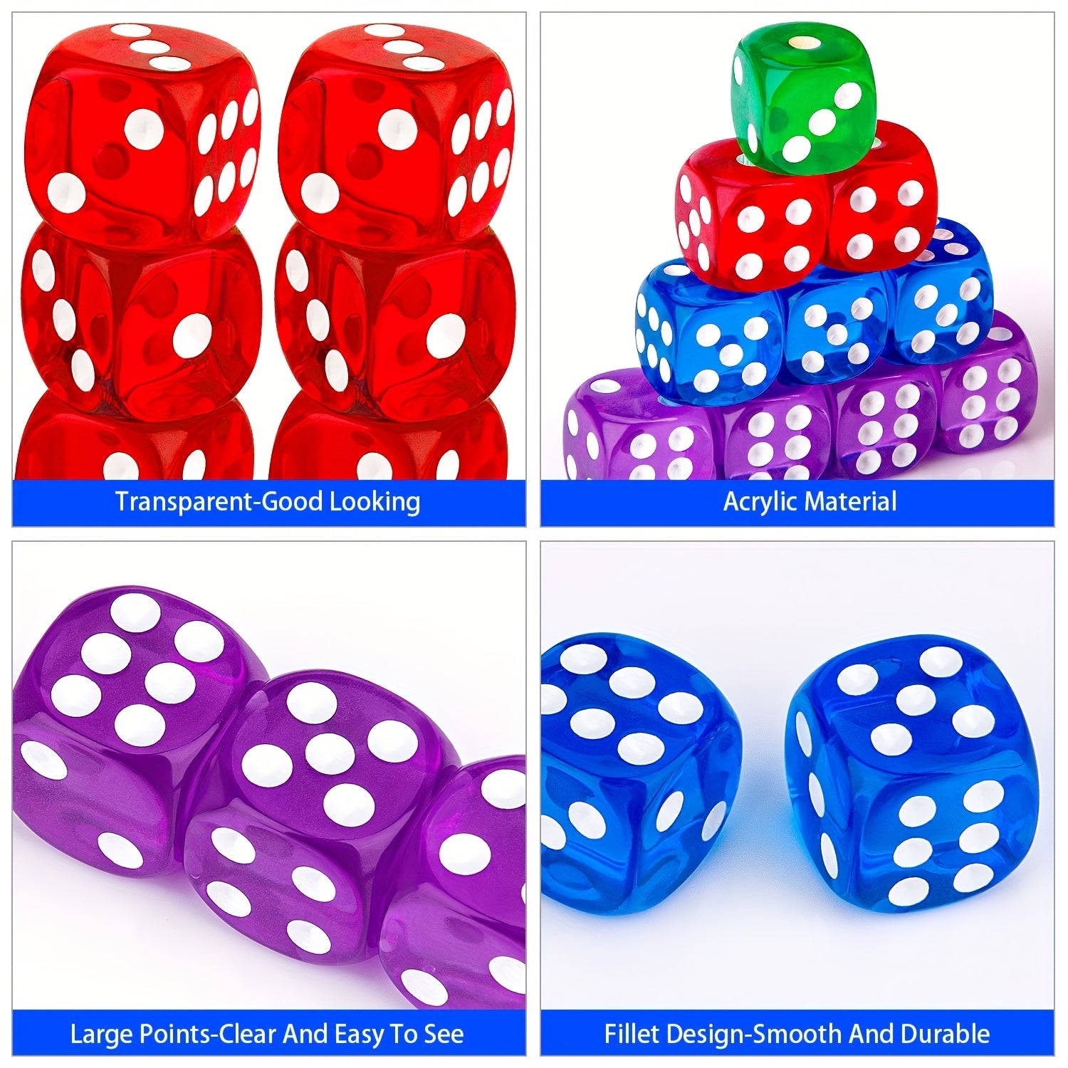 10pcs 6 Sided Acrylic Dice Set for Board Games Party Favors