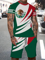 Mexico Eagle Pattern Men's 2 Piece Short Sleeve T-shirt & Shorts Set