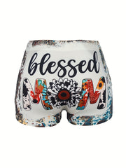 Sunflower & Art Letter Print High Rise Stretch Shorts