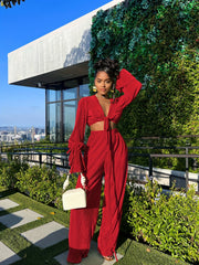 Sexy Long Sleeve Crop Top & Wide Leg Pants Set