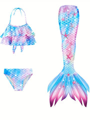 Girl's Mermaid Swimsuit 3pcs Fish Scale Pattern Bikini Set & Mermaid Tail
