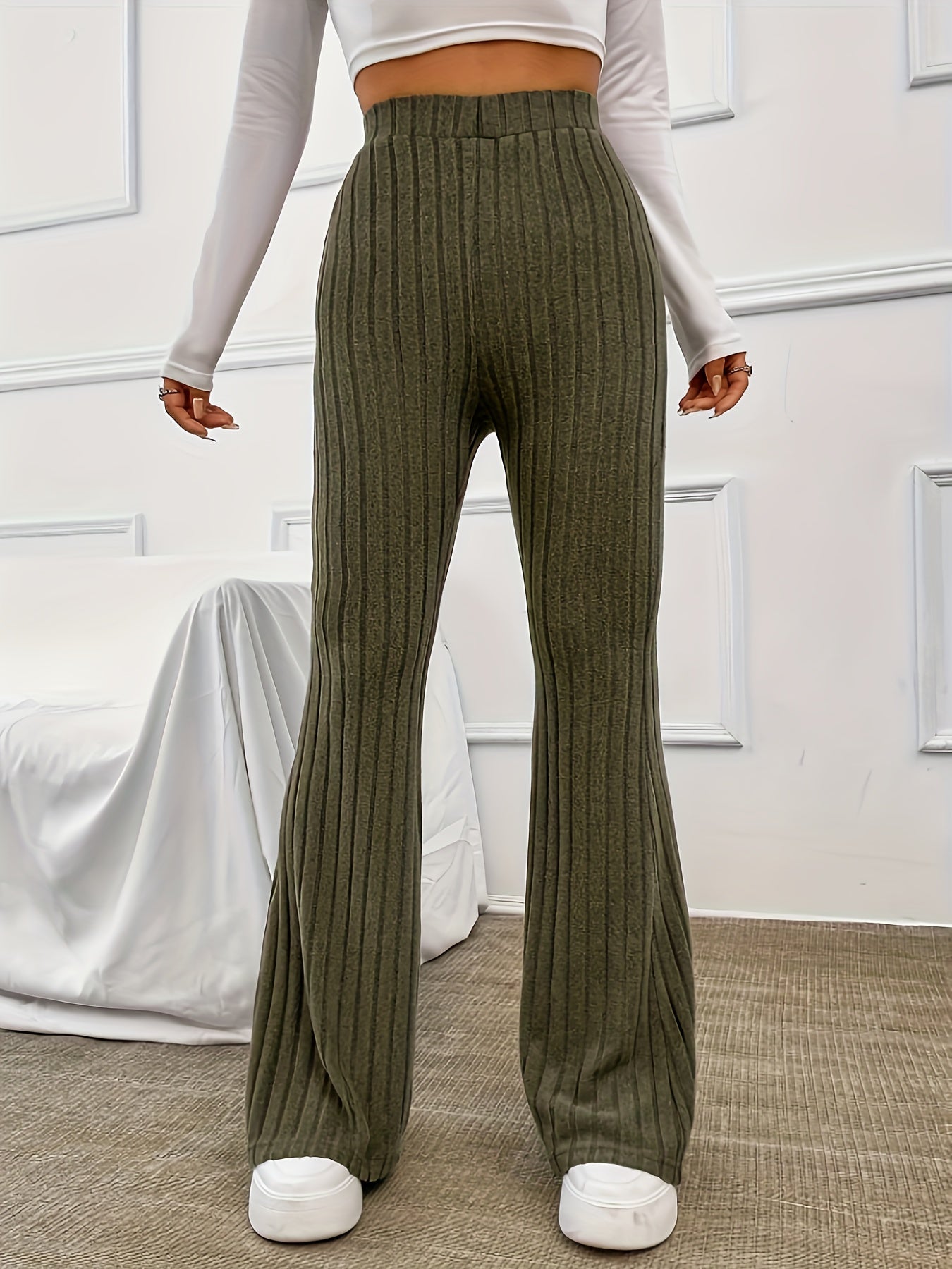 Solid Ribbed High Rise Flared Leg Pants