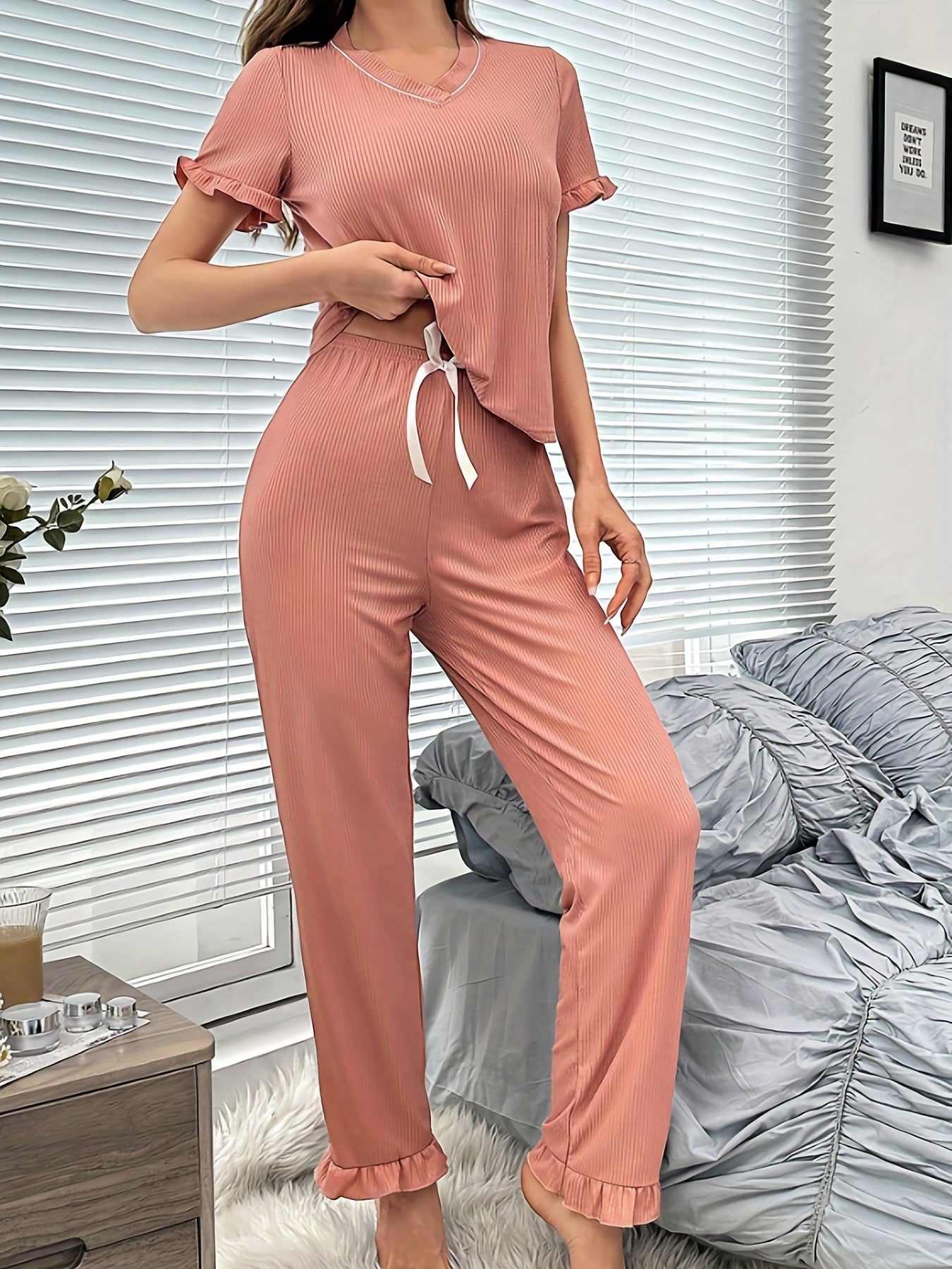 Solid Lounge Set Short Sleeve V Neck Top & Elastic Waistband Pants