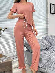 Solid Lounge Set Short Sleeve V Neck Top & Elastic Waistband Pants
