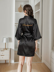 Letter Embroidery Night Robe V Neck With Belt Women's Sleepwear
